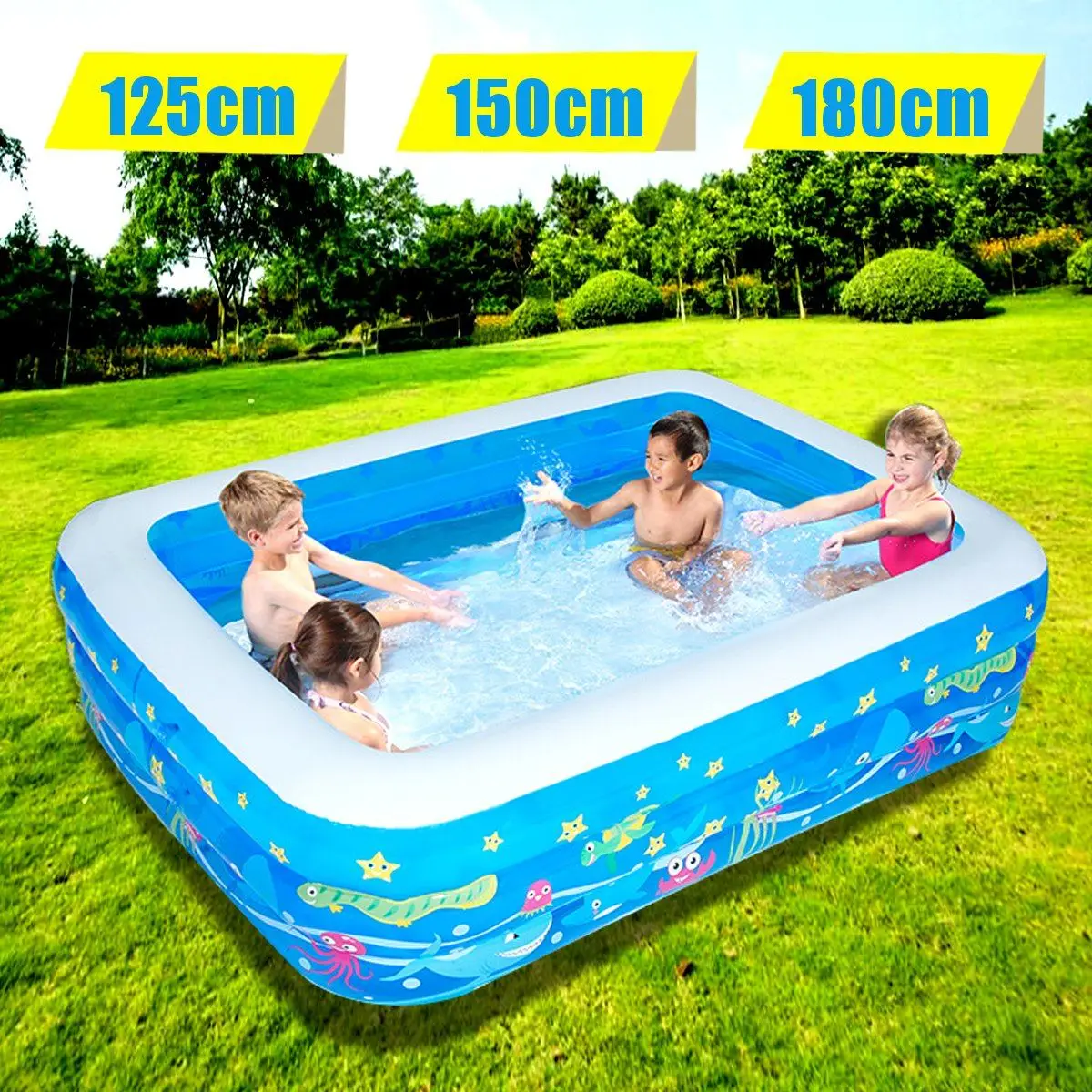 

125/150/185cm Inflatable Swimming Pool Family Childrens Kids Baby Large Water Rectangular Fun Inflatable Pool