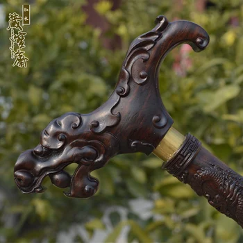 

Ebony black wood carved rosewood crutches leading the elderly elderly solid wood cane to the old man