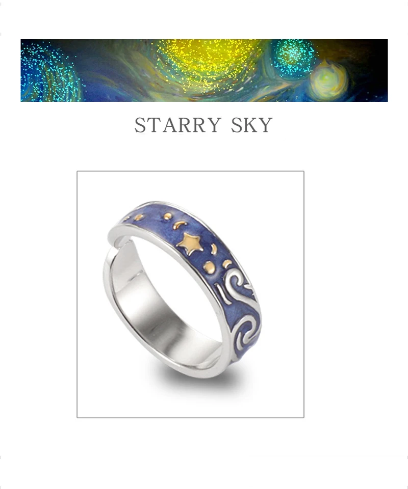 Qevila 2019 Fashion Personalized Rings Customized Van Gogh Enamel Ring 925 Sterling Silver Gold Moon Star Canvas Rings for women (9)