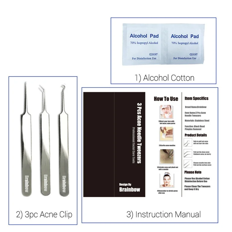 Brainbow 3 шт./упак. Черноголовых Пинцет Черноголовых и пятна удаления точки сгиба gib голову комедона акне extractor ухода за кожей лица Инструменты