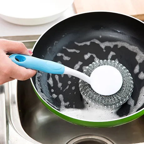 

APRICOT Strong Long Handle Steel ball pot brush Magic Pot Pan Wash Cleaning Brushes Cooking Tool Cleaner Kitchen Accessories