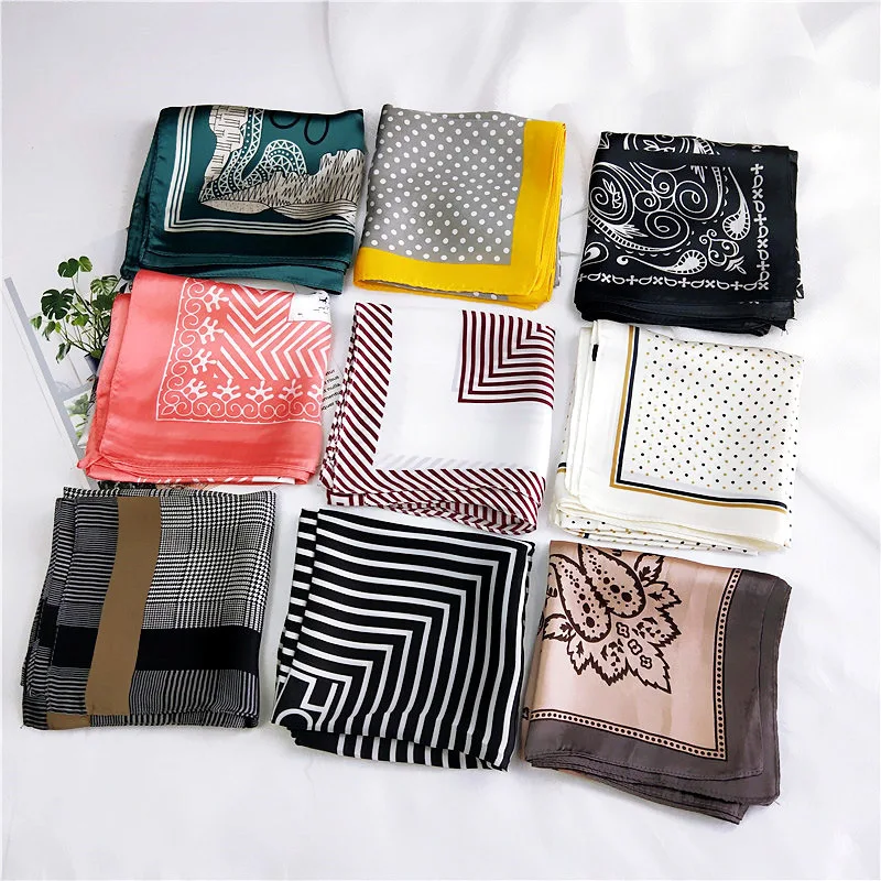 Print Flower Bandana Square Scarf For Ladies Fashion Wild Trend Silk Satin Hair Handkerchief Women Bag Geometric Printing