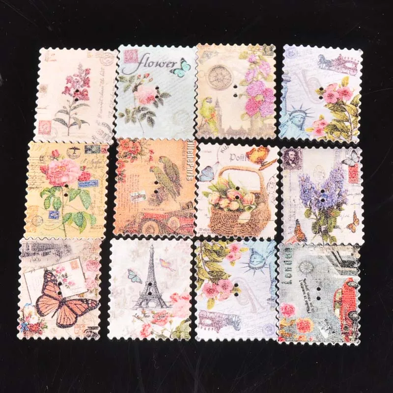 

15pcs Wooden Sewing Buttons butterfly Tower Postage Stamp Pattern Handmade Scrapbooking Craft Cloth Accessories 30x37mm MT1685