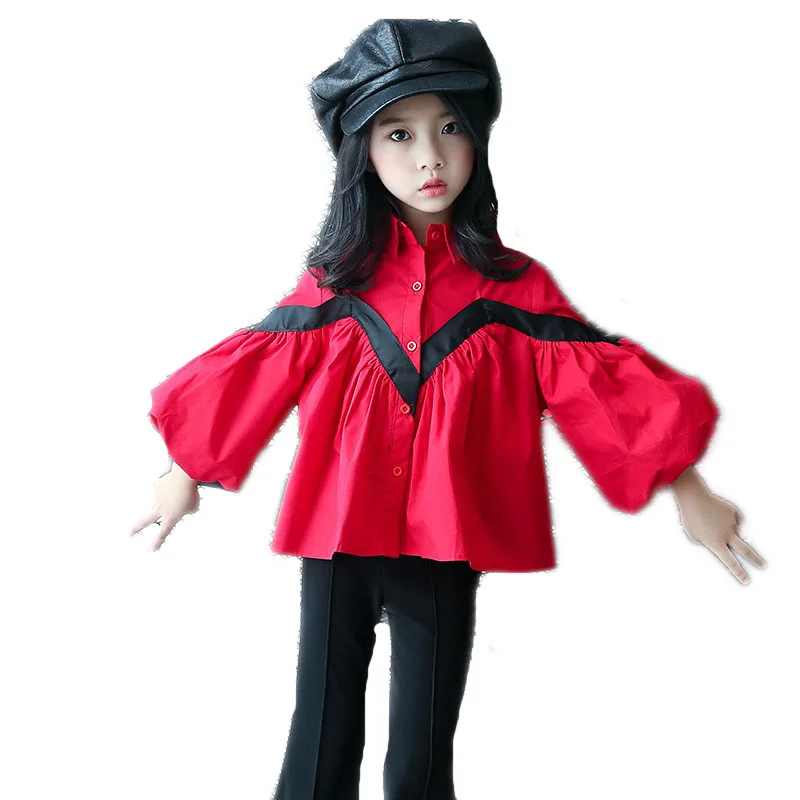 

New Spring Autumn Baby Teenage Fashion Clothes White Black Red Girl Shirts Kids Children Long Sleeve Girl Tops Blouse Shirt E405
