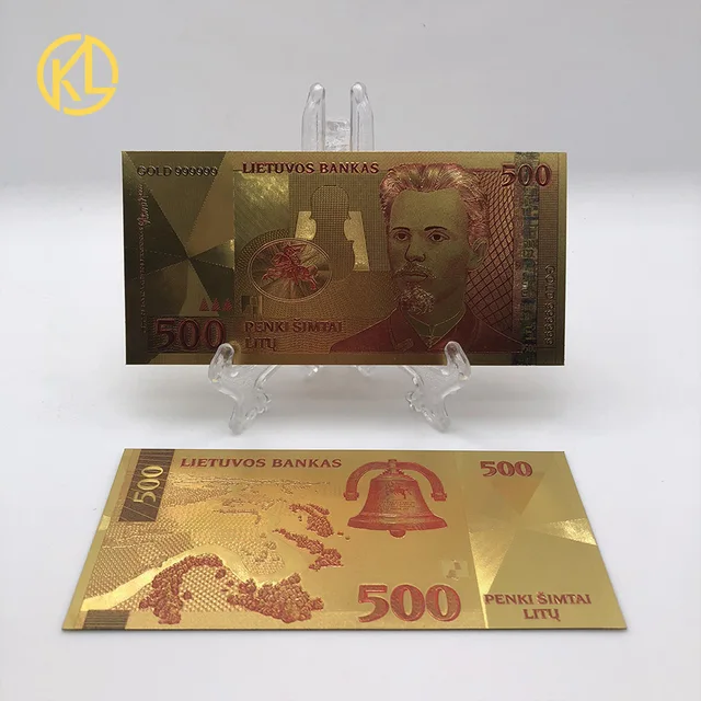 Plastic 24k Gold Banknote Currency Republic of Lithuania 500 Litas