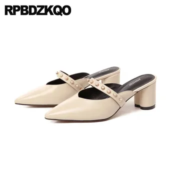 

Genuine Leather Shoes Ladies High Heels Slipper Rivet Beige Mules Stud Brand Pumps Vintage Chunky 3 Inch Pointed Toe Sandals