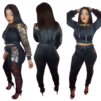 

Sequins Patchwork Velvet Lace Up Women Tracksuit Hooded Long Sleeve Hoodies Top Bodycon Pants Sets Casual 2 Piece Sets