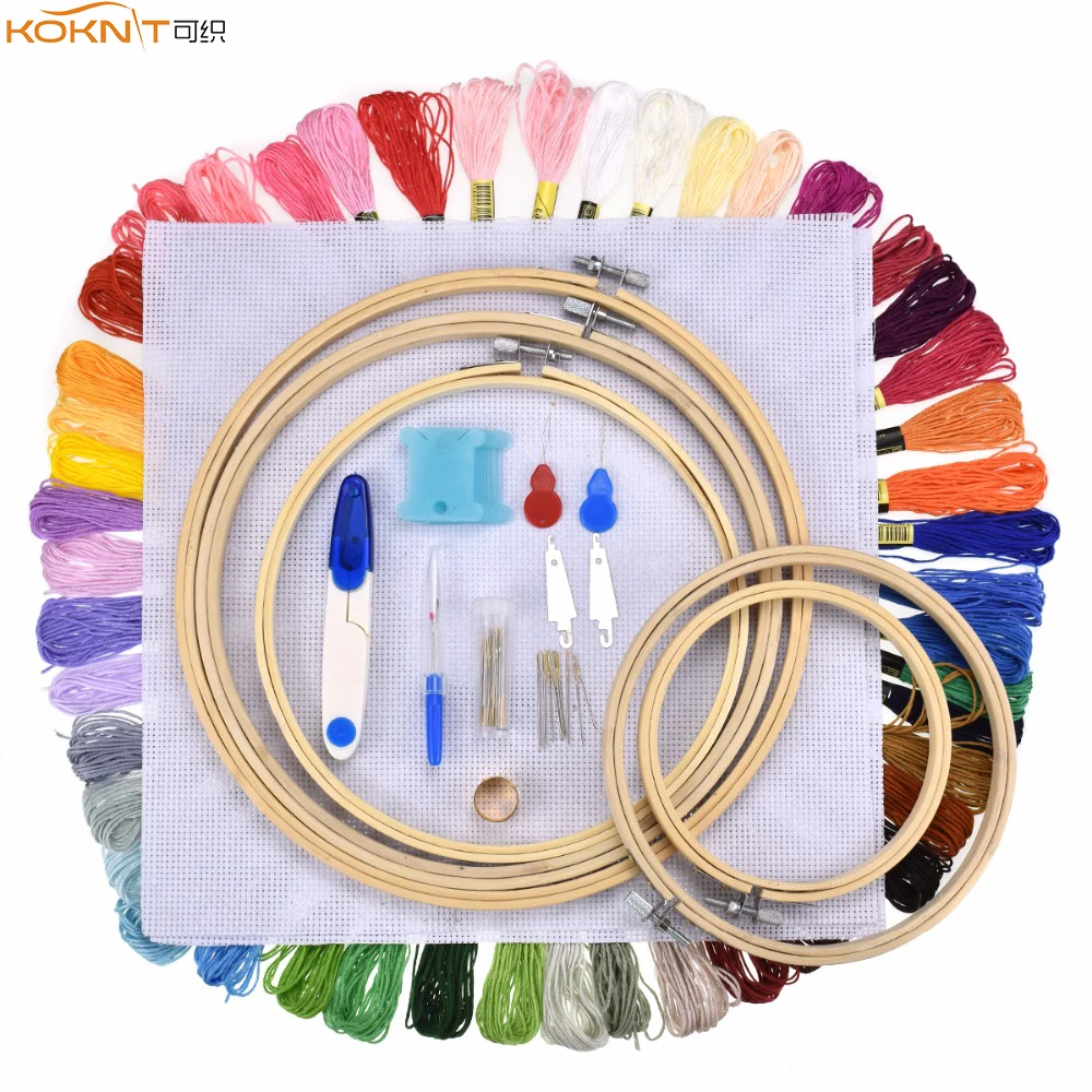 KOKNIT Bamboo Cross Stitch Hoops with 50pcs Threads 5 pcs Embroidery Hoops Scissors Needles Accessories For Women Embroidery Kit (1)