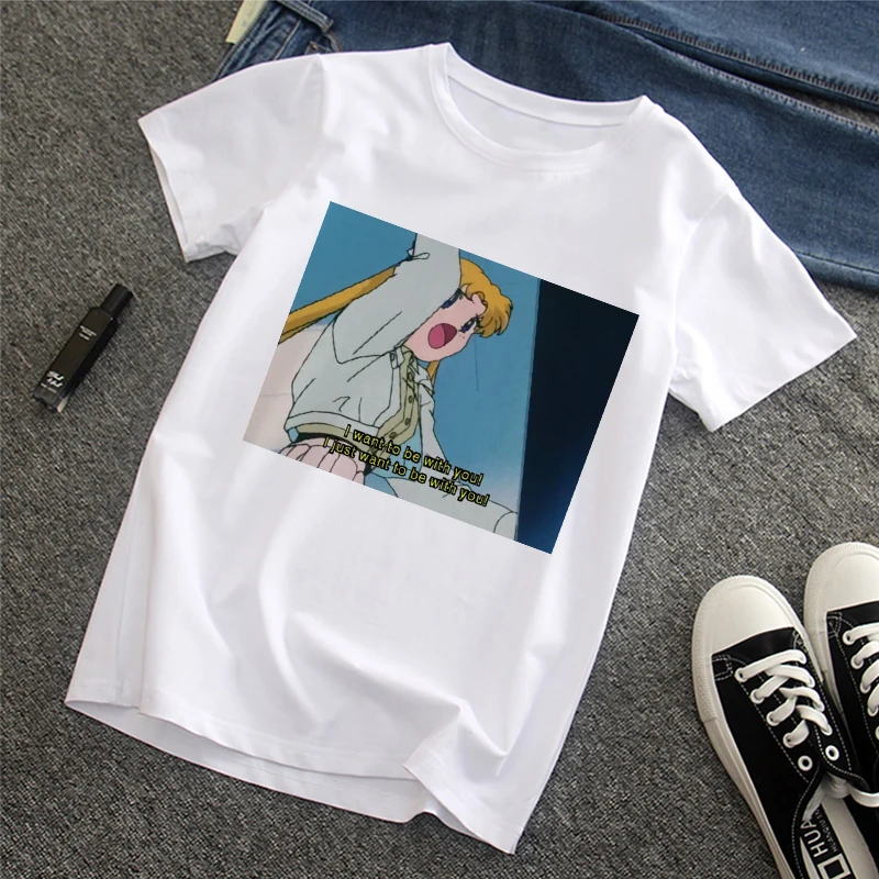 Забавный мультфильм Сейлор Мун лето новые буквы печати Harajuku мода ins короткий рукав женская футболка Топы