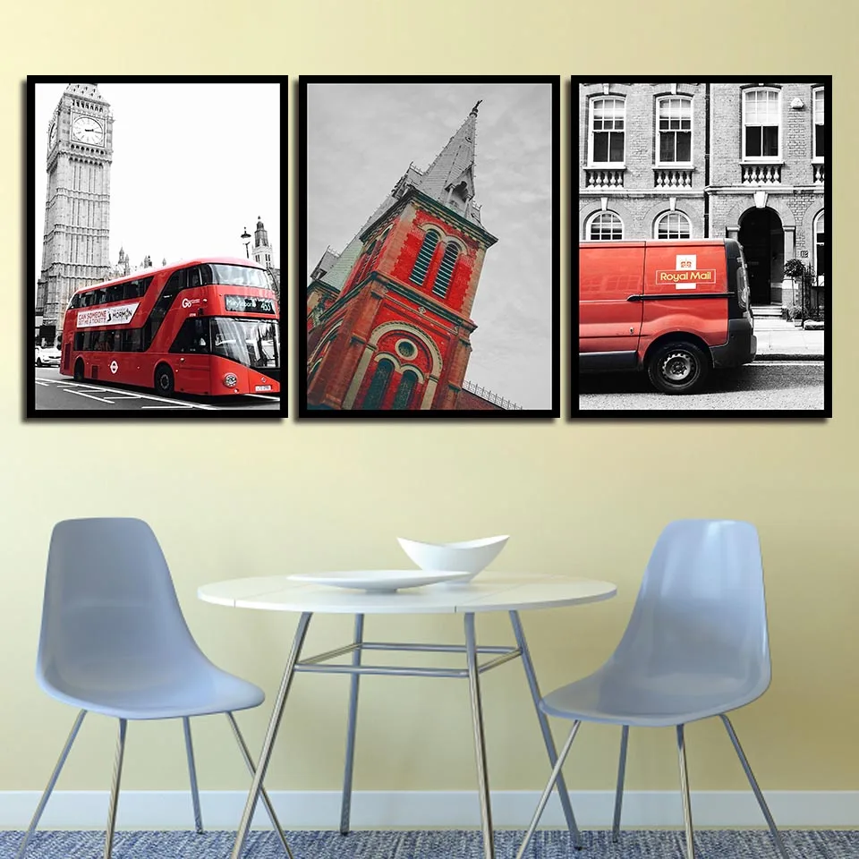 For Living Room Home Decor Print HD Canvas Painting Red Bus And Castle Street Landscape Nordic Style Wall Art Poster Pictures | Дом и сад