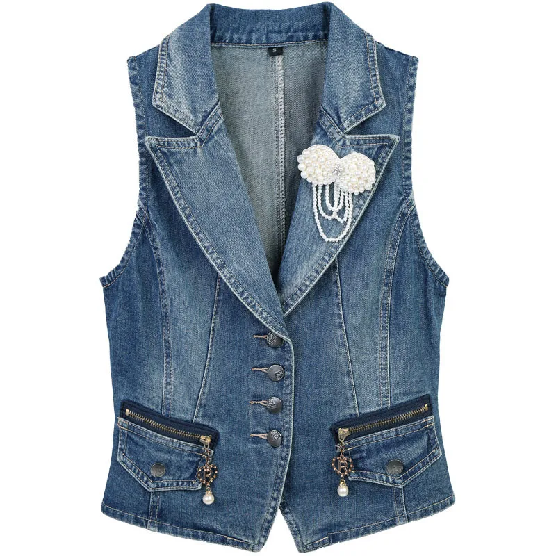 

Plus size 3XL Women Denim Vests Spring Sleeveless Casual Tops Suit collar Female Waistcoats Denim Short Jackets Female clothing
