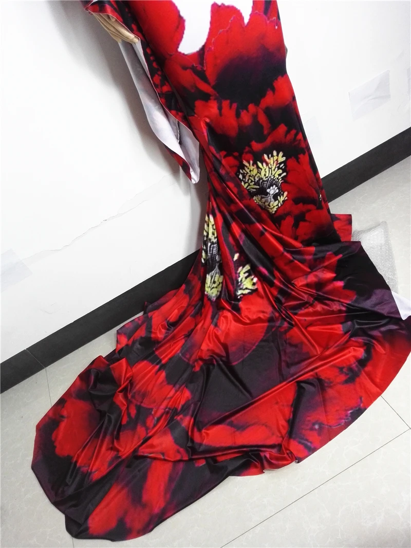 Vintage Stage Performance Costume Red Floral Print Trailing Long Dress Women Birthday Party Evening Celebrate Performance Outfit