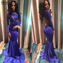 Королевское синее платье для выпускного с подолом в виде русалочьего хвоста с длинными рукавами и открытой спиной кружева сексуальные вечерние Maxys Длинные Выпускные вечерние платья Robe De Soiree