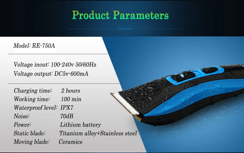 RIWA перезаряжаемый триммер для волос профессиональная машинка для стрижки волос с керамическими лезвиями IPX7 Водонепроницаемая батарея Li электрическая стрижка RE-750A