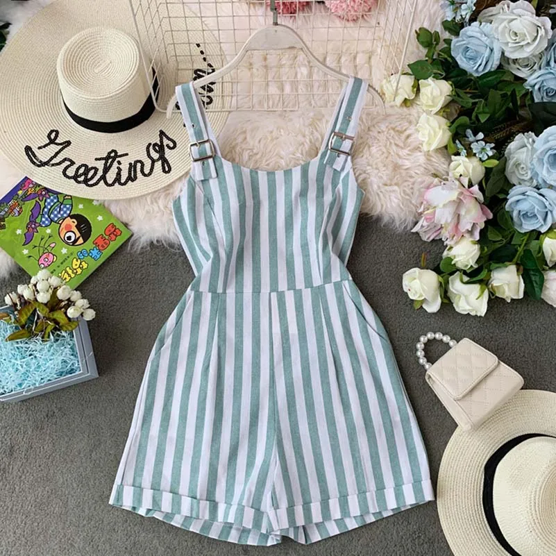 

NiceMix 2019 Summer V Neck Striped Rompers Sexy Vacation Beach Spaghetti Strap Playsuits Vintage Black Blue Beige Sashes Women