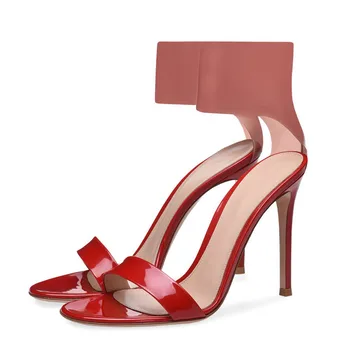 

Women Patent Leather Sandals Super Thin High Heels Pumps Covered Heel Ankle Strap Gladiator Shoes Red Black Pumps TL-A0058
