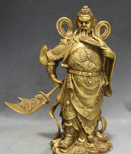 

xd 003132 Chinese Folk Copper Bronze Stand Dragon GuanGong Guan Yu Warrior Buddha Statue