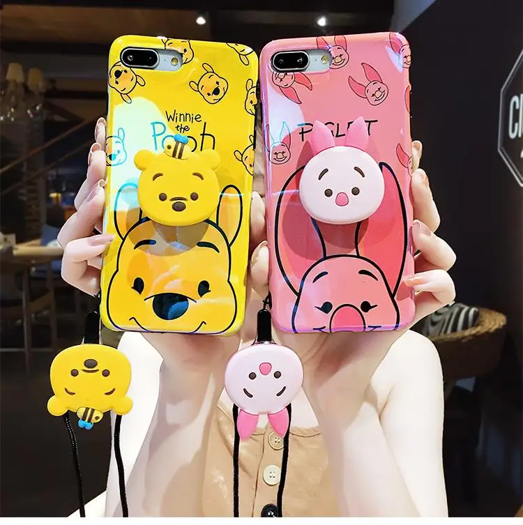 

Couple Cartoon Winnie Piglet 3 in 1 Strap + Holder +Cover Cute Fashion Case for iphone X XR XS Max 7 8 6 S Plus 7plus 8plus capa