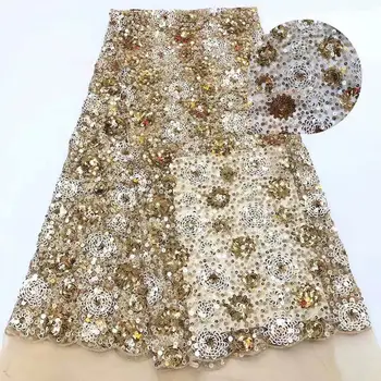 

2019 New Design Gold Line African Lace Fabric Wholesale France Swiss Voile Lace High Quality African Tulle Sequins Lace Fabric