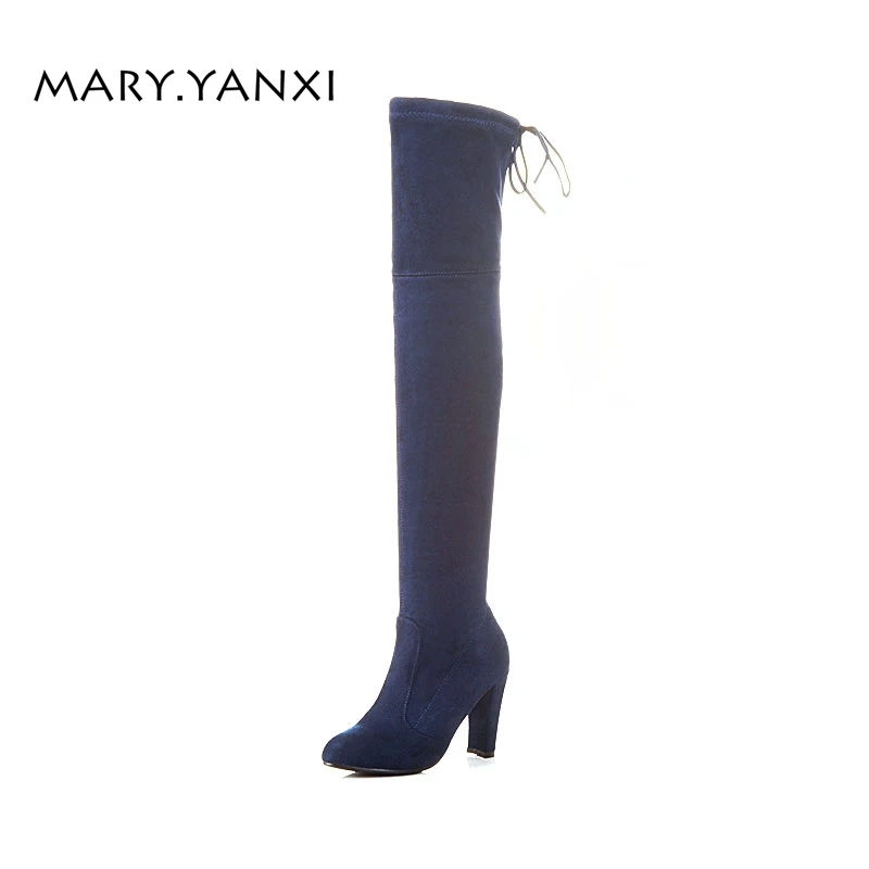 

Spring/Autumn Women Shoes Over-the-Knee Boots Flock Nubuck Round Toe Big Size High Heels Cross-tied Lace-Up Lady Long Boots
