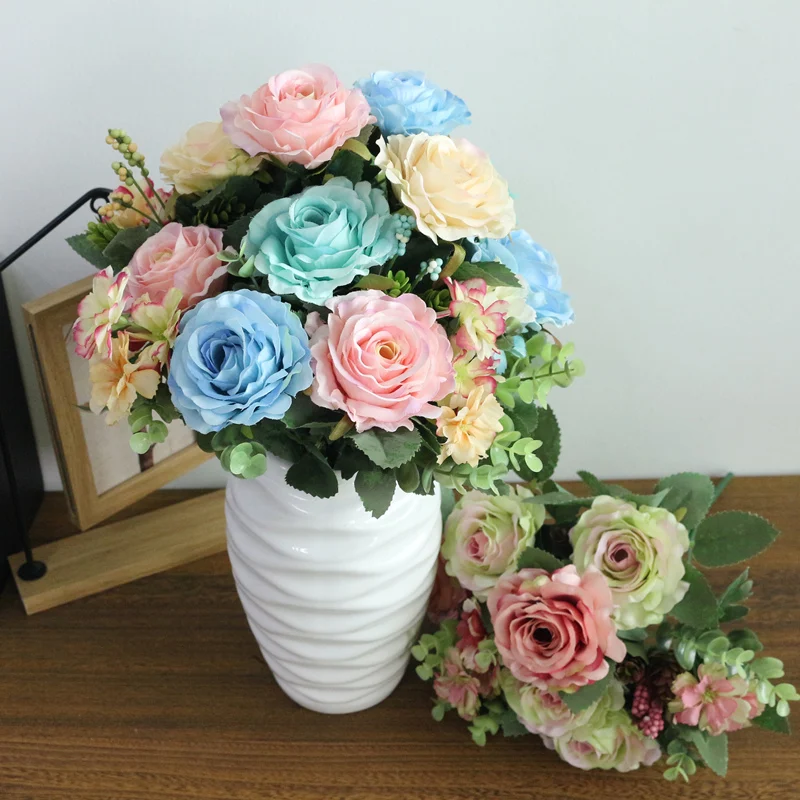 JAROWN Artificial Flowers Silk Plastic Flowers Pinecone Roses Bouquets Flower Bouquet For Wedding Home Party Decoration Decor (32)