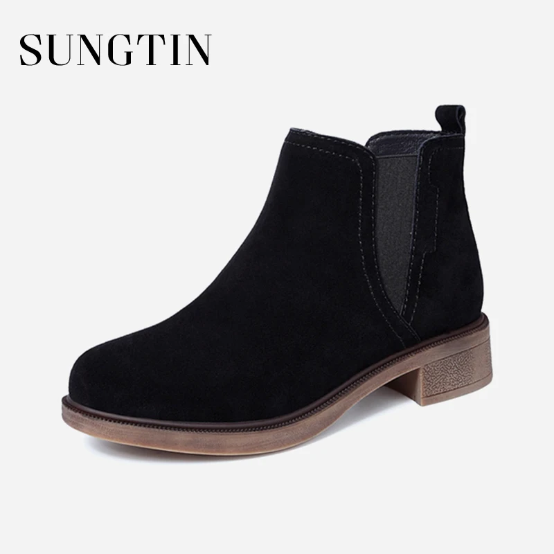 Heißer Runde Kurze Frau Stiefel Ferse Kappe Schwarzes on Chelsea Wildleder Verkauf Herbst Niedrigen Frauen Stiefeletten grau Casual Sungtin Slip zZdqHwH