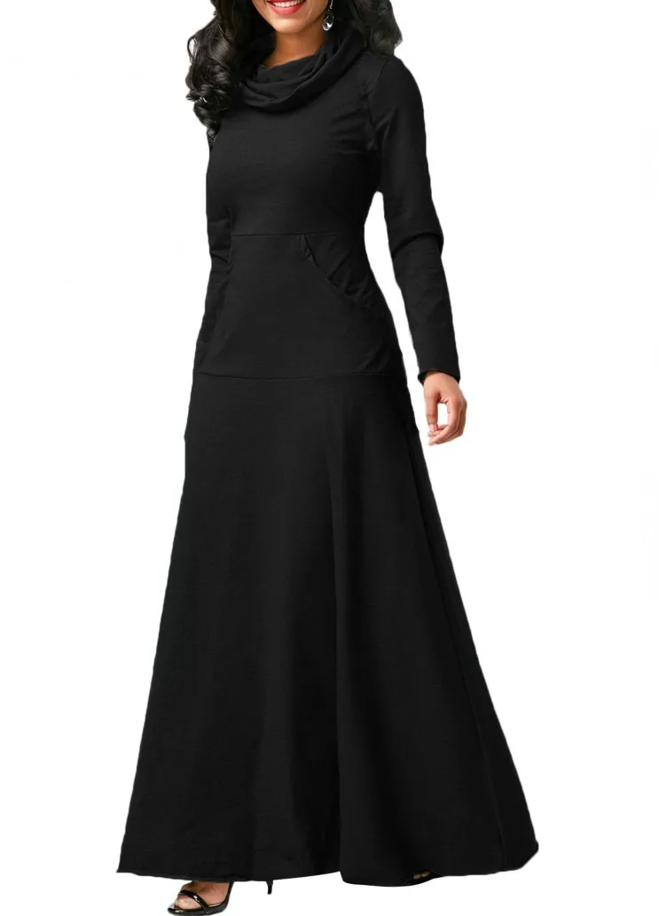 Новинка, осенняя Женская толстовка с длинным рукавом, платье макси в винтажном стиле, Сплошное Длинное платье с карманами,, повседневное длинное платье с воротником-хомутом - Цвет: 2 Black
