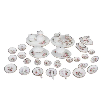 

50 pcs Miniature Dollhouse Dinnerware Porcelain Tea Set Tableware Mug Plate Pink Daisies