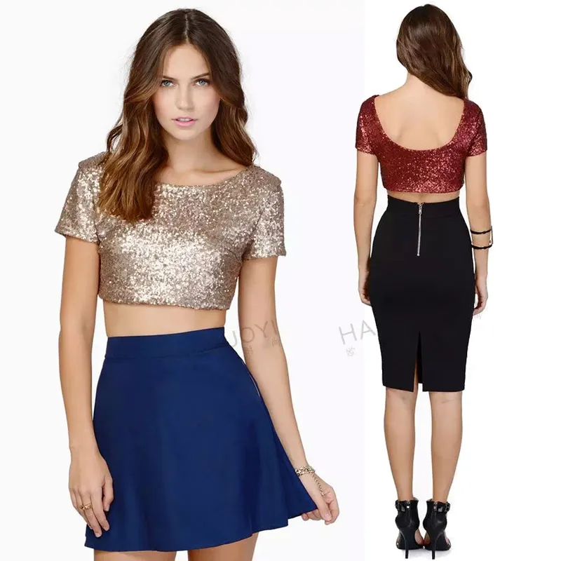 XXL Luxury Sequin Ladies Short Sleeve Shiny Crop Top Women Boat Neck Fitted Short Tops Woman