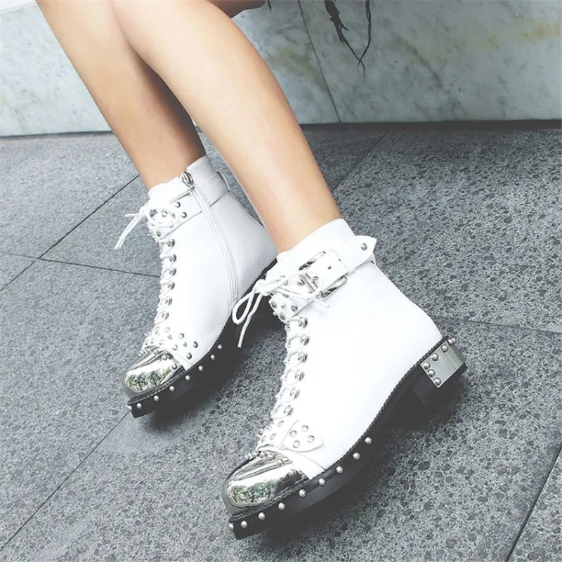 

Motorcycle Ankle Boots Real Leather Mixed Color Shoes Women Black White Lace Up Short Boots Cool Rivets Heel High Top Martin