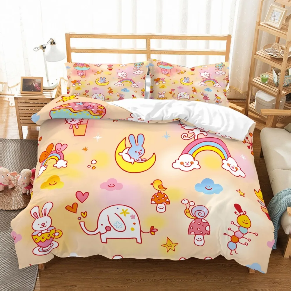 Cartoon Rainbow Kids Microfiber Bedding Set Duvet Cover Set Animals 3D Print Bed Linen Set Pillowcase Twin Full Queen Bedclothes