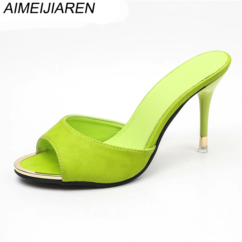 

Thin Heel Women Shoes Sexy Thick Bottom Open Toe High Beautiful Slides Metal Deco Pums Fashion Shoes Calzado