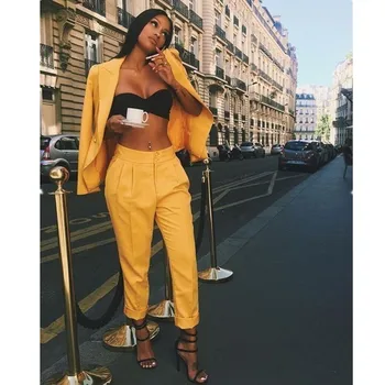 

Women Pant Suits Yellow Slim Ladies Custom Made Business Office Tuxedos Formal Work Wear Suits Evening Outfit Blazer