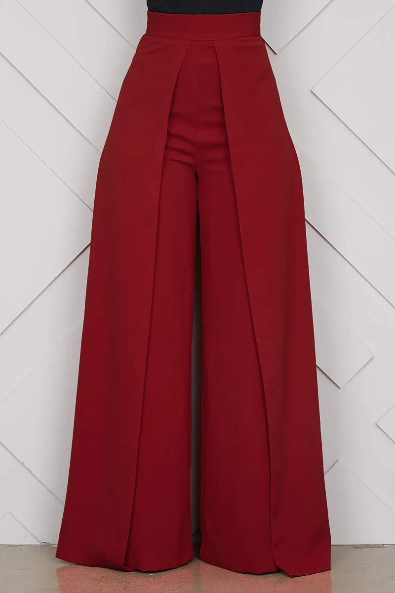 Шикарные женские брюки палаццо с высокой талией на молнии, повседневные свободные широкие брюки для девушек, элегантная длинная юбка-брюки Pantalon Femme - Цвет: Красный