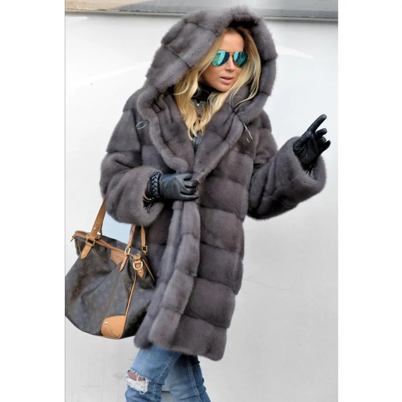 2018 новый натуральный норковый мех длинное пальто с капюшоном Полный Пелт натуральный мех пальто женское пальто Зимняя теплая куртка