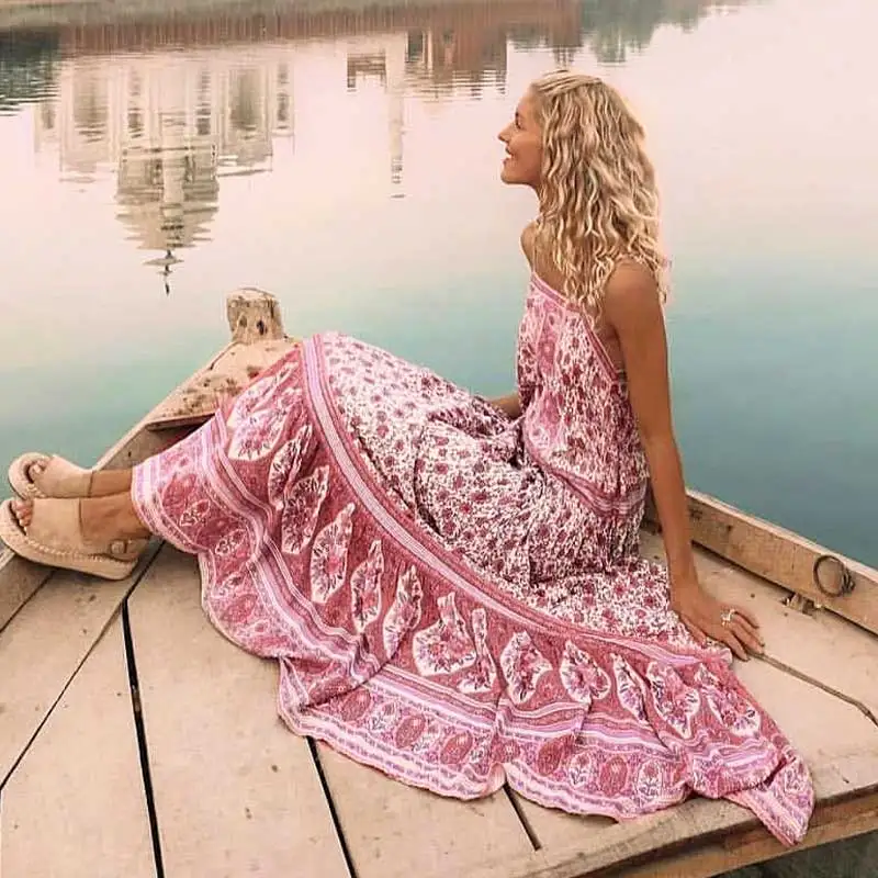 

BOHO INSPIRED pink straps long boho dress sleevelss casual holiday summer dress floral patchwork strapless chic 2019 beach dress