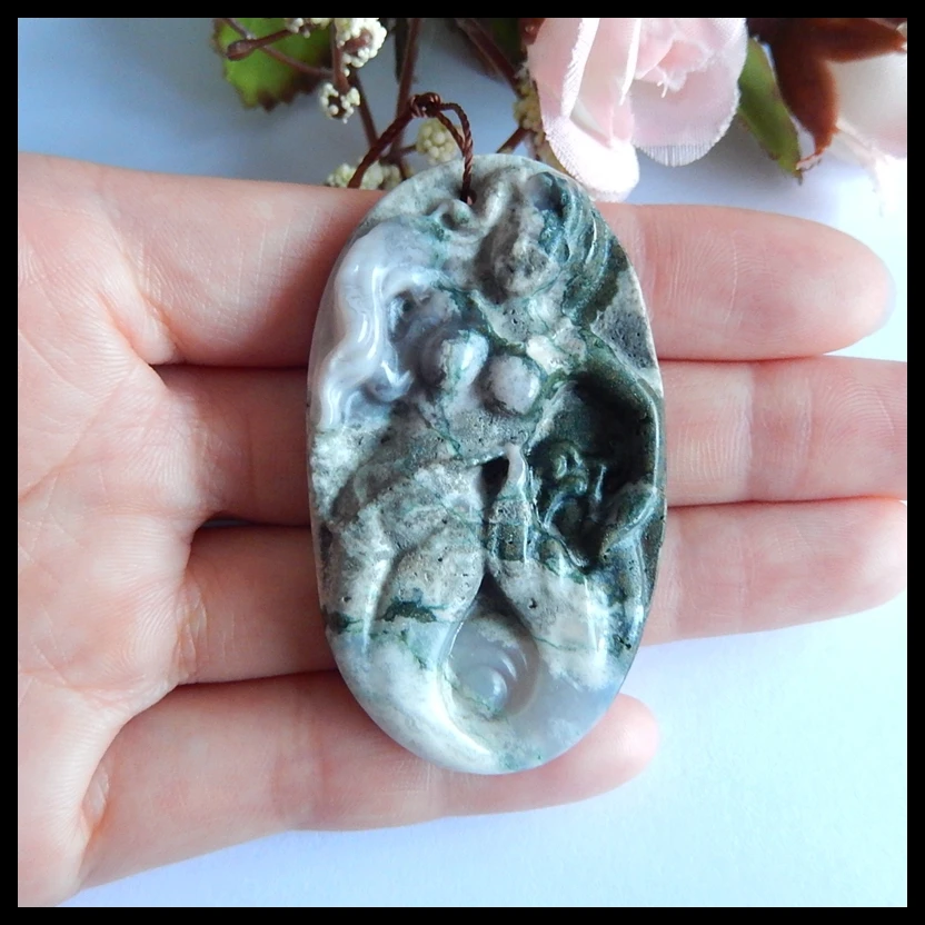 

Semi-precious stones, Jewelry accessories, Carved Mermaid Moss agate fashion women jewelry Pendant Bead,57x33x8mm,21.9g