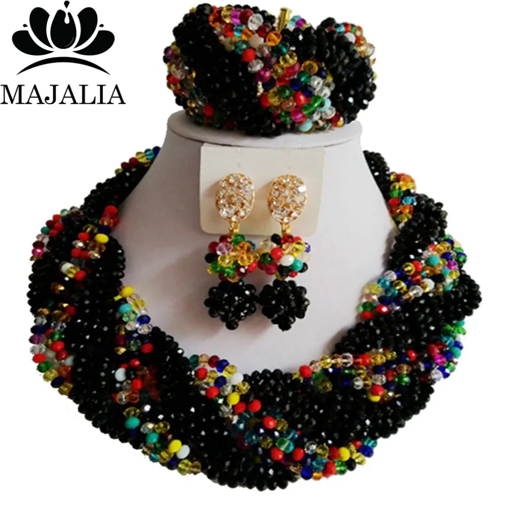 Модные черные африканские хрустальные бусины ожерелье набор нигерийские Свадебные африканские бусы комплект ювелирных изделий P-4274