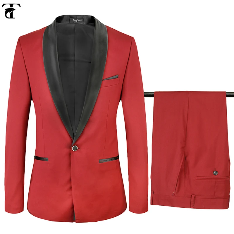 

US Size Dress Men Suits Party Host Stage Blazers+Pants Suit Set Red Slim Fit 2 Piece Set Casual Wedding Suits Men Annual Meeting