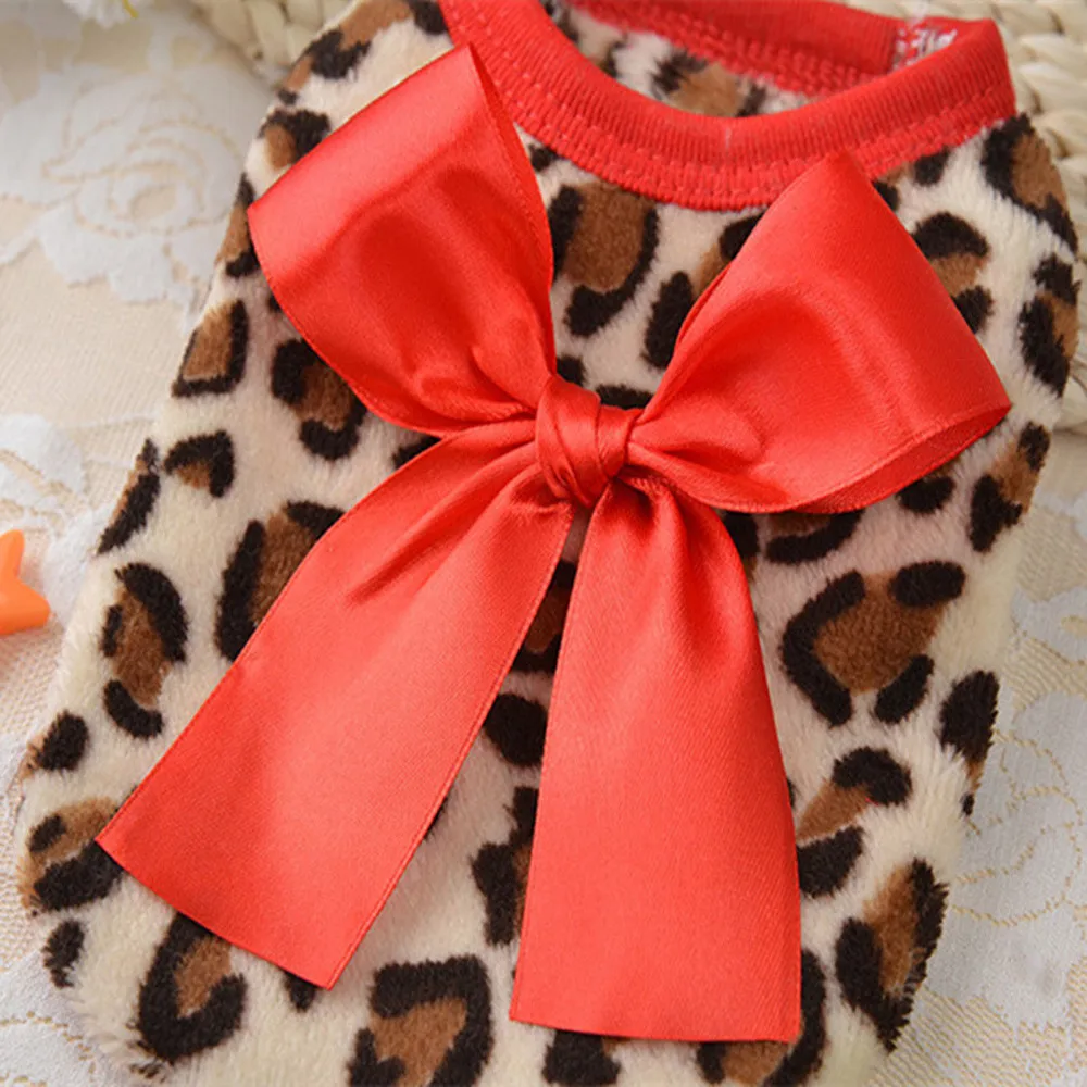 Рождественская теплая одежда для собак с бантом и леопардовым узором, костюм для собак, вязаное пальто, одежда, жилет, куртка, одежда, одежда для домашних животных, подарок