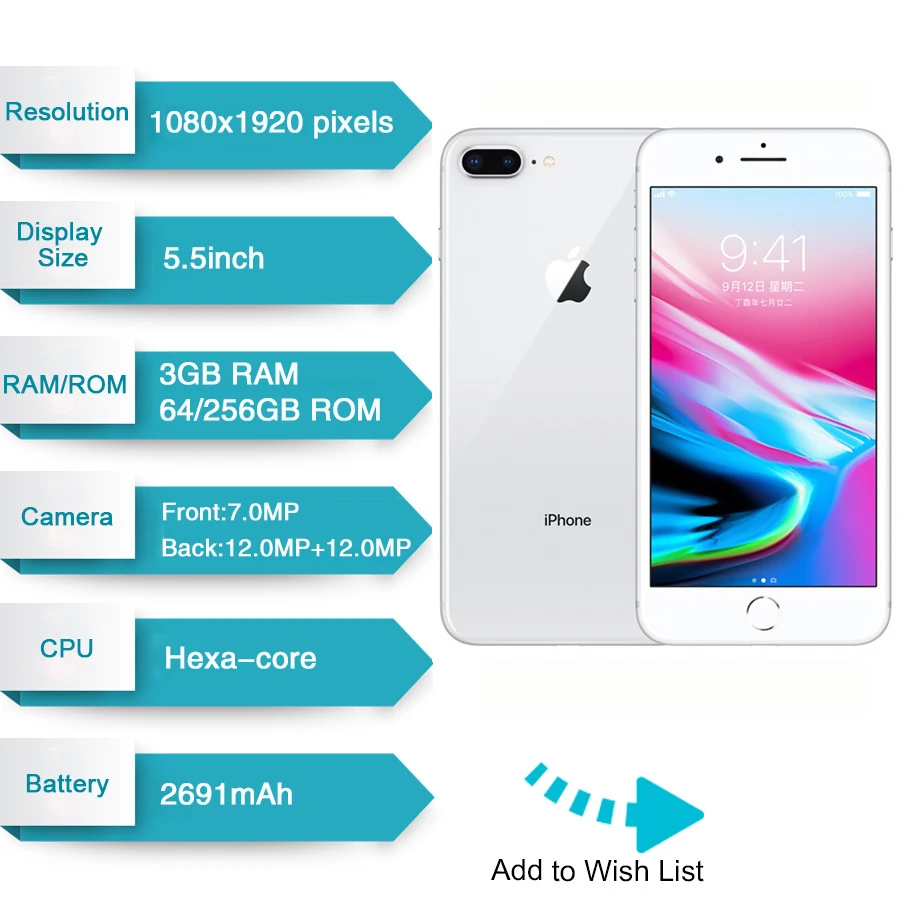 Unlocked Apple Iphone 8 plus 2675mAh 3GB RAM 64G/256G ROM 12.0 MP Fingerprint iOS 11 4G LTE smartphone 1080P 5.5 inch screen Unlocked Apple Iphone 8 plus 2675mAh 3GB RAM 64G/256G ROM 12.0 MP Fingerprint iOS 11 4G LTE smartphone 1080P 5.5 inch screen