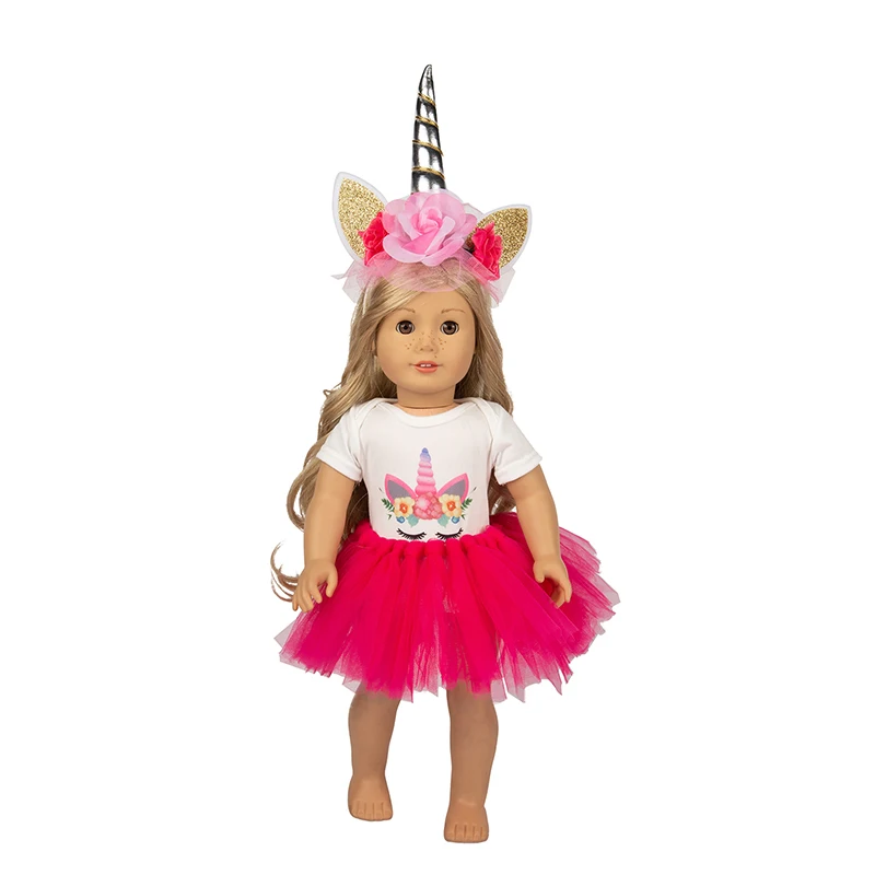 

Doll Clothes Accessories Fit 18 inch 43cm Born New Baby Red Pink Blue Unicorn hairband suit For Baby Birthday Festival Gift