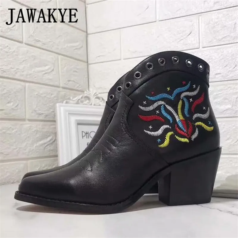 

New Embroidered Studded Ankle Boots Women luxury Point toe Slip on Kitten Heels Leather Short Boots Black Winter Shoes Woman