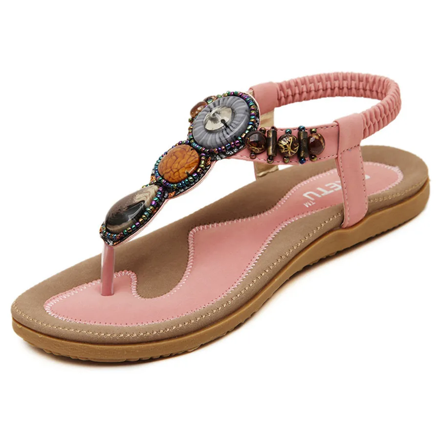 

New Arrival High Quality Women Bohemia Style Sandals Beading Front Rear Strap Flat With Casual Shoes Large Size Hot Sale Cozy