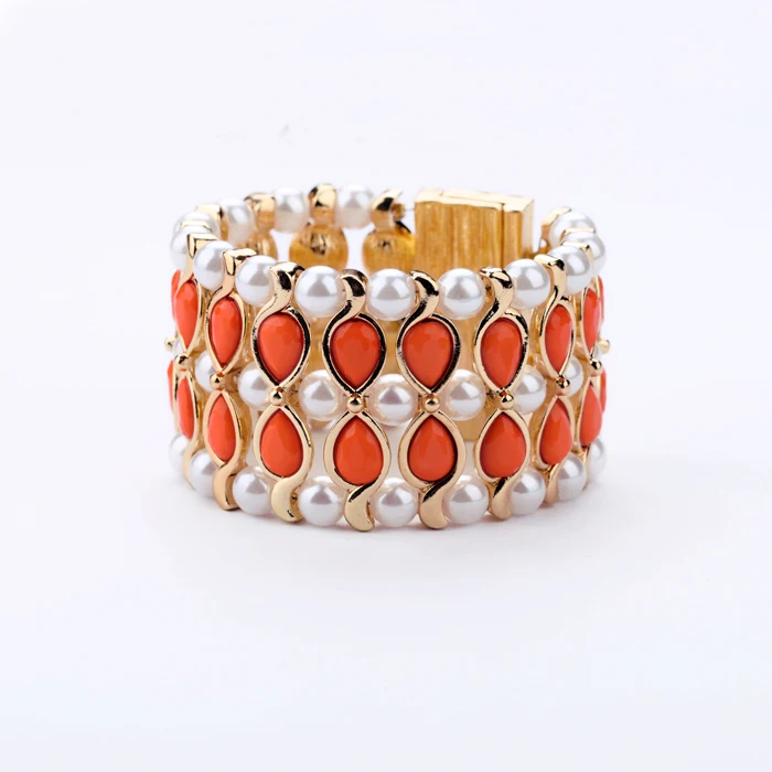 

Exaggerated Simulated Pearl Orange Waterdrop Wide Magnet Wrap Bracelet Female Retro Party Statement Bracelet Costume Jewelry