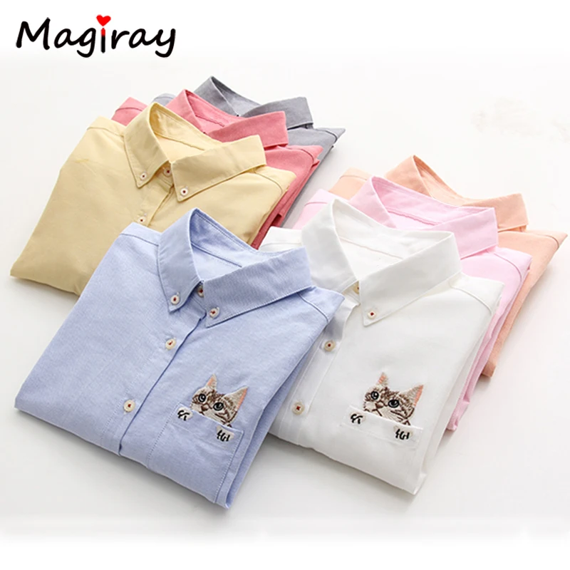 Tanie Magiray Casual Kawaii Kot Hafty Cute Animal kobiet Skręcić w D oacute;ł Kołnierz Z Długim Rękawem Bluzka Bluzki Koszula Blusas Feminino C490