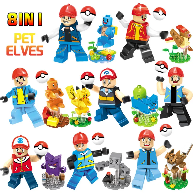

8 In1 New Building Blocks Pocket Monster Pikachu Eevee Ketchum Squirtle Mini Dolls LegoINGLYS Cartoon Dolls gifts toys for Kids