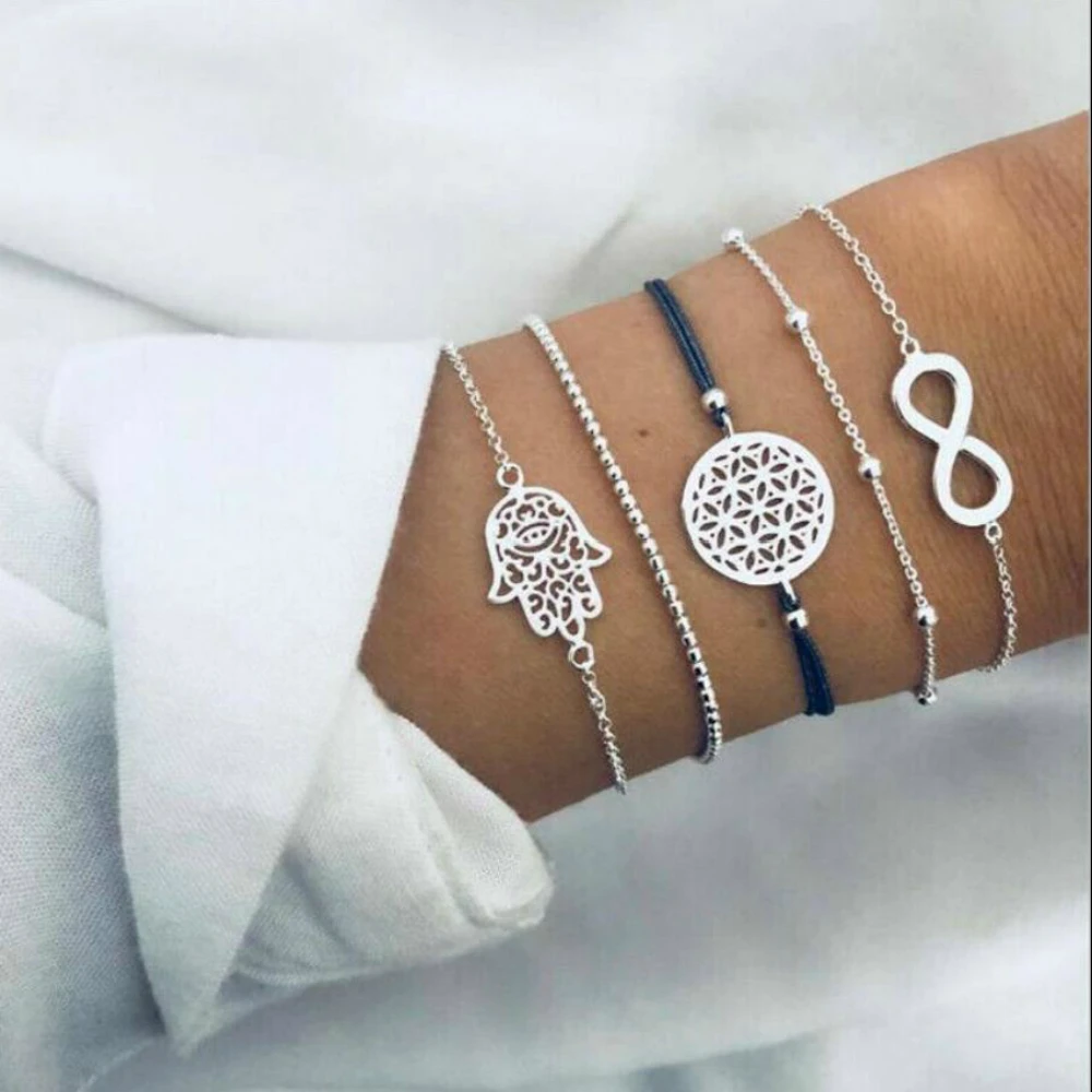 

5PC Bohemian Handmade Weave Hollow Sliver Bracelet Sets Women 2019 New Grey Rope Chain Bracelets Jewelry Christmas Gift