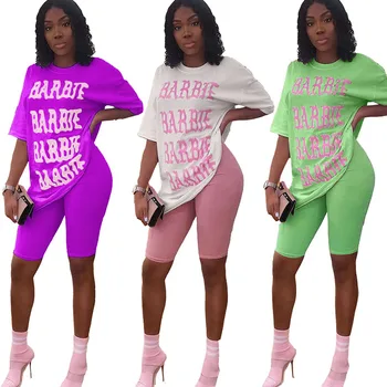 

Letter Print 2 Piece Set Women Loose T-Shirt and Skinny Midi Pants Casual Matching Sets Biker Shorts Set Women Tracksuit
