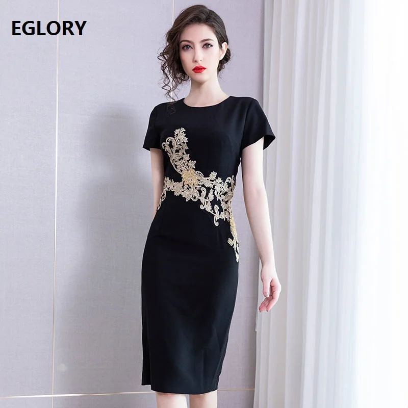 

2019 Summer Fashion Party Cocktail Women O-Neck Golden Embroidery Beading Short Sleeve Bodycon Sheath Dress Midi Black Dress 4XL